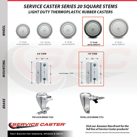 Service Caster 5 Inch Thermoplastic Rubber 7/8 Inch Square Stem Caster Total Lock Brakes, 2PK SCC-SQTTL20S514-TPRB-78-2-S-2